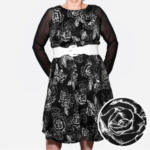 City Chic Black White Floral Fit & Flare Tule Dress 0X L Wedding Guest Pinup‎